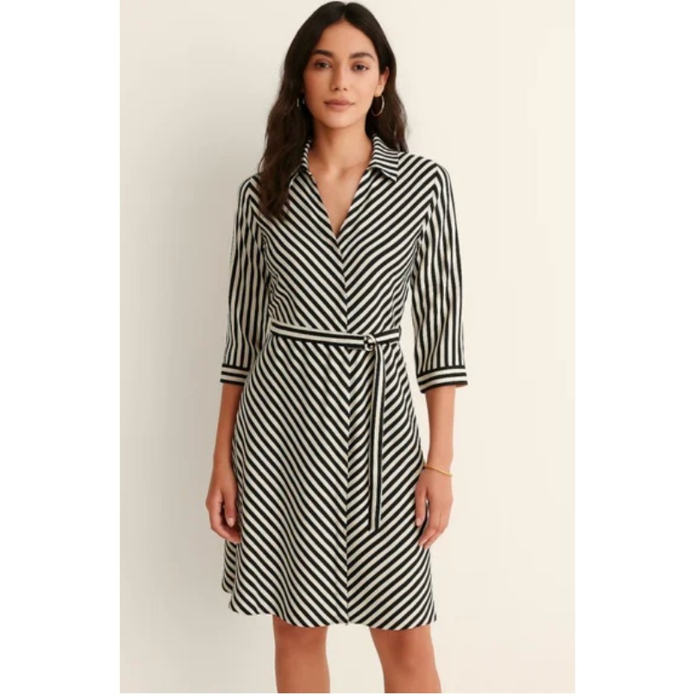 H&M Womens Black White Striped 3/4 Sleeve Button Down Belted Midi Dress Sz 4